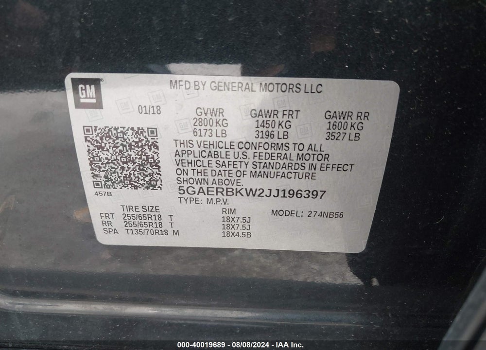 2018 BUICK ENCLAVE ESSENCE VIN: 5GAERBKW2JJ196397