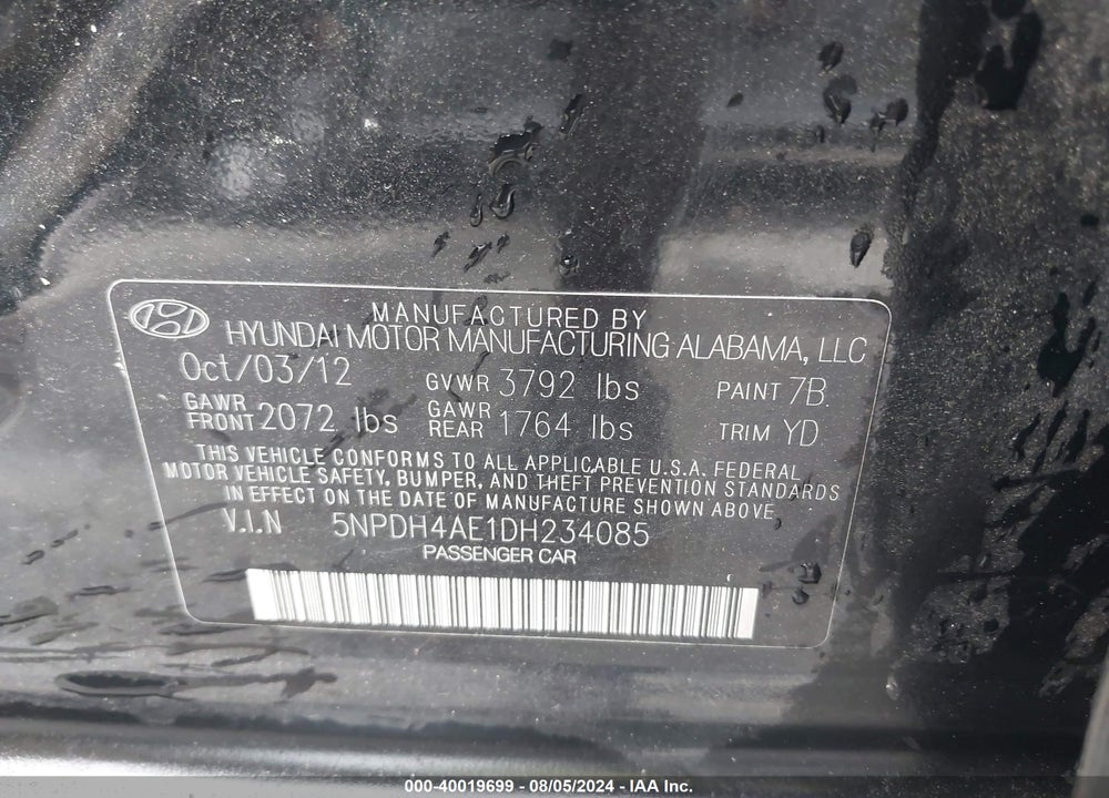 2013 HYUNDAI ELANTRA GLS VIN: 5NPDH4AE1DH234085