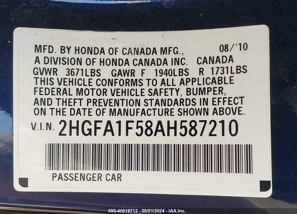 2010 HONDA CIVIC LX VIN: 2HGFA1F58AH587210