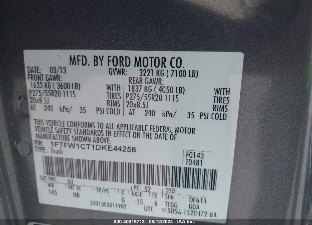 2013 FORD F-150 LARIAT VIN: 1FTFW1CT1DKE44258