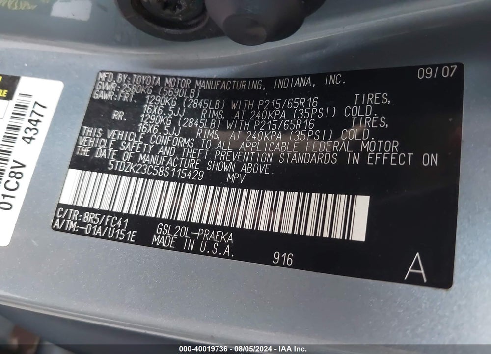2008 TOYOTA SIENNA VIN: 5TDZK23C58S115429