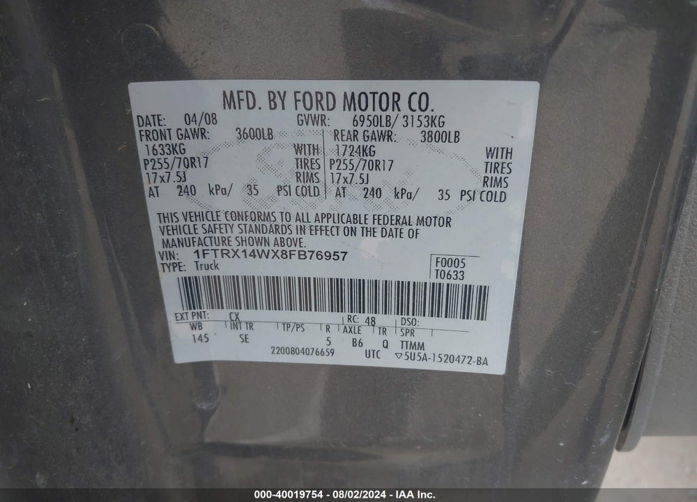 2008 FORD F-150 STX/XL/XLT VIN: 1FTRX14WX8FB76957