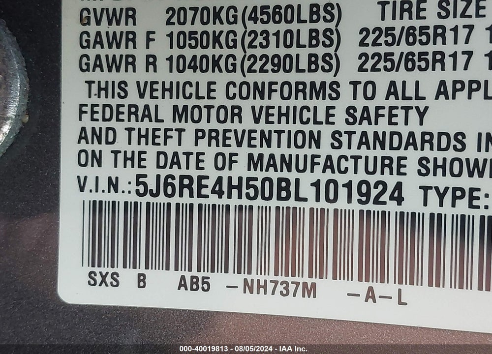 2011 HONDA CR-V EX VIN: 5J6RE4H50BL101924