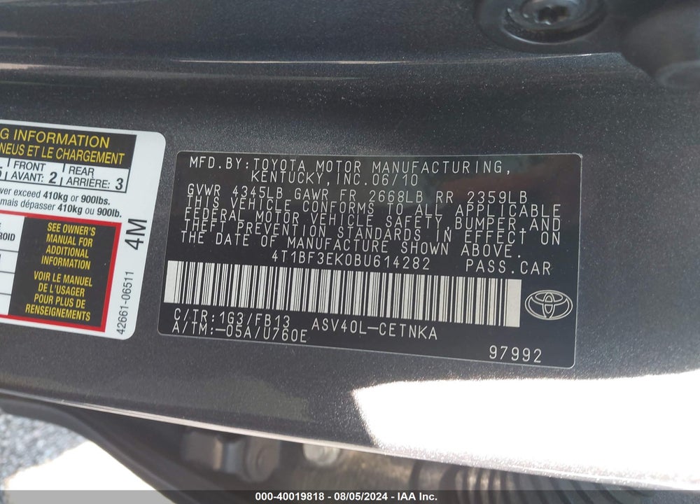 2011 TOYOTA CAMRY LE VIN: 4T1BF3EK0BU614282
