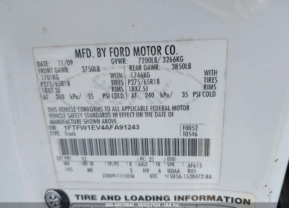 2010 HARLEY-DAVIDSON FORD F-150 FX4//KING RANCH/LARIAT/PLATINUM/XL/XLT VIN: 1FTFW1EV4AFA91243