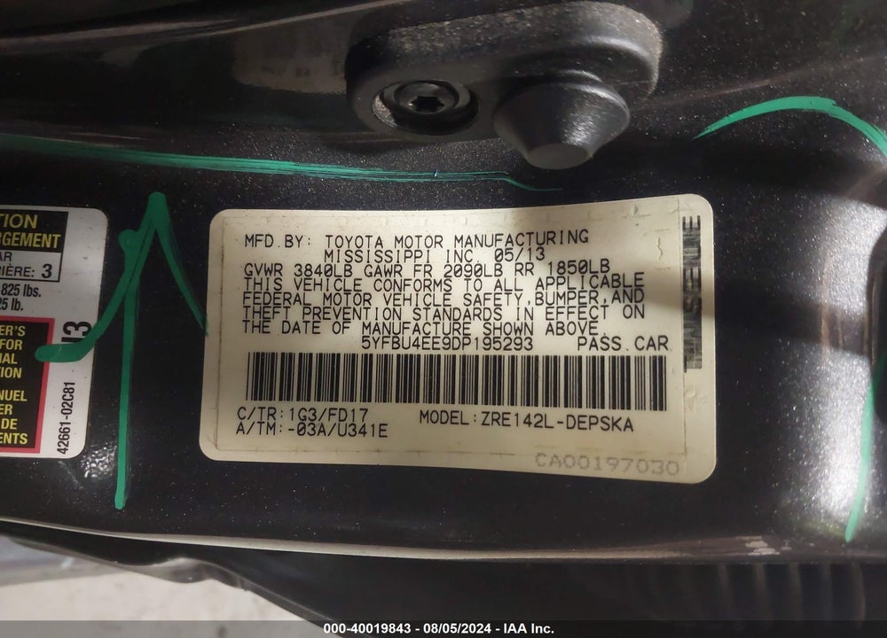 2013 TOYOTA COROLLA VIN: 5YFBU4EE9DP195293