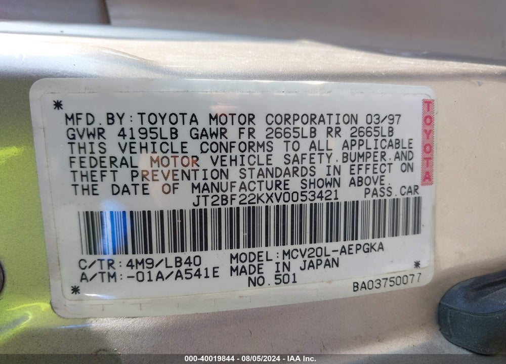 1997 TOYOTA CAMRY XLE V6 VIN: JT2BF22KXV0053421