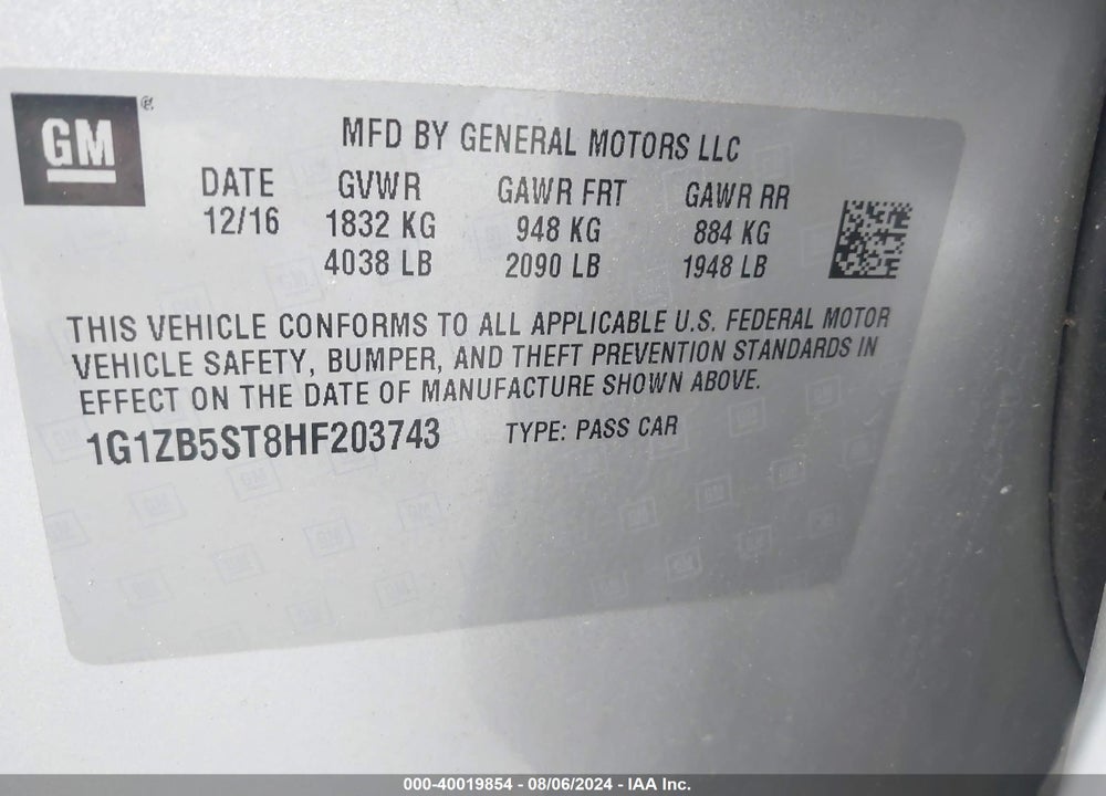 2017 CHEVROLET MALIBU LS VIN: 1G1ZB5ST8HF203743