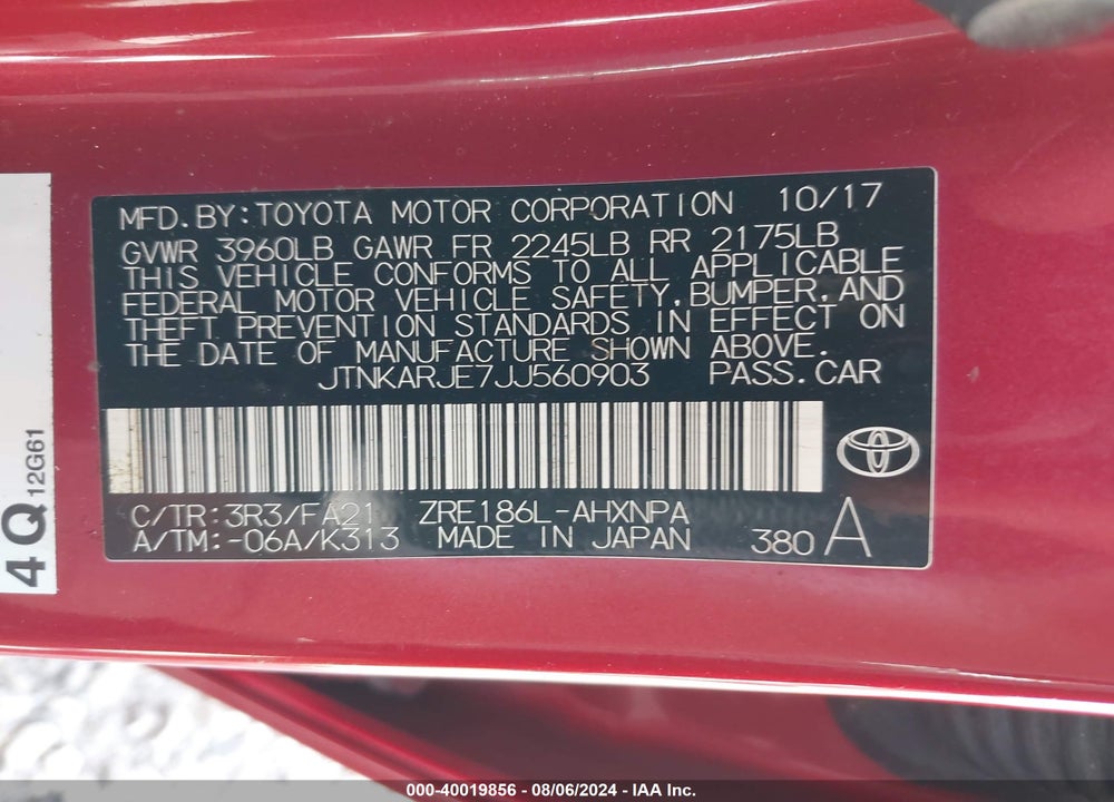 2018 TOYOTA COROLLA IM VIN: JTNKARJE7JJ560903
