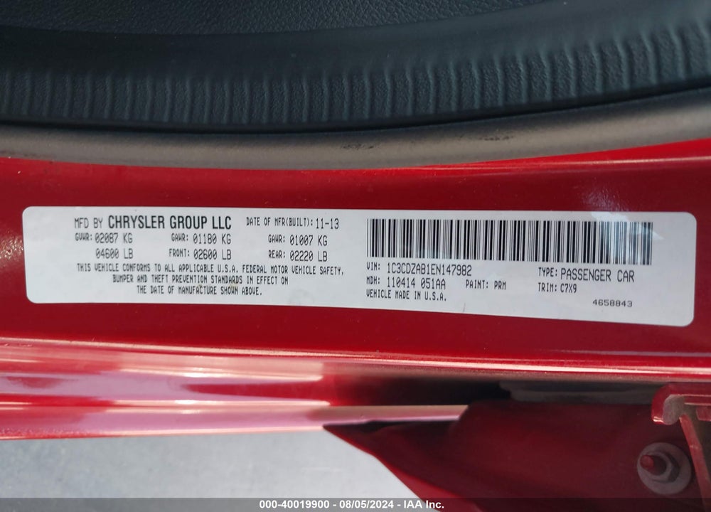 2014 AVENGER DODGE  SE VIN: 1C3CDZAB1EN147982