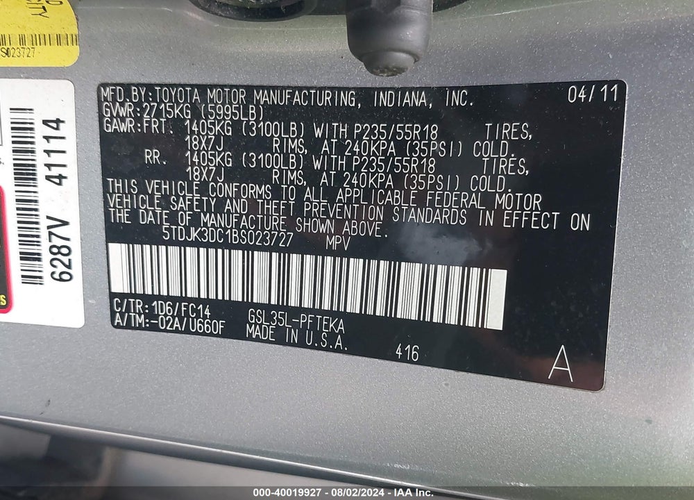 2011 TOYOTA SIENNA LE VIN: 5TDJK3DC1BS023727