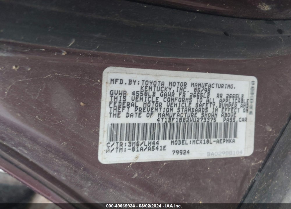 1998 TOYOTA AVALON XL VIN: 4T1BF18B2WU273375