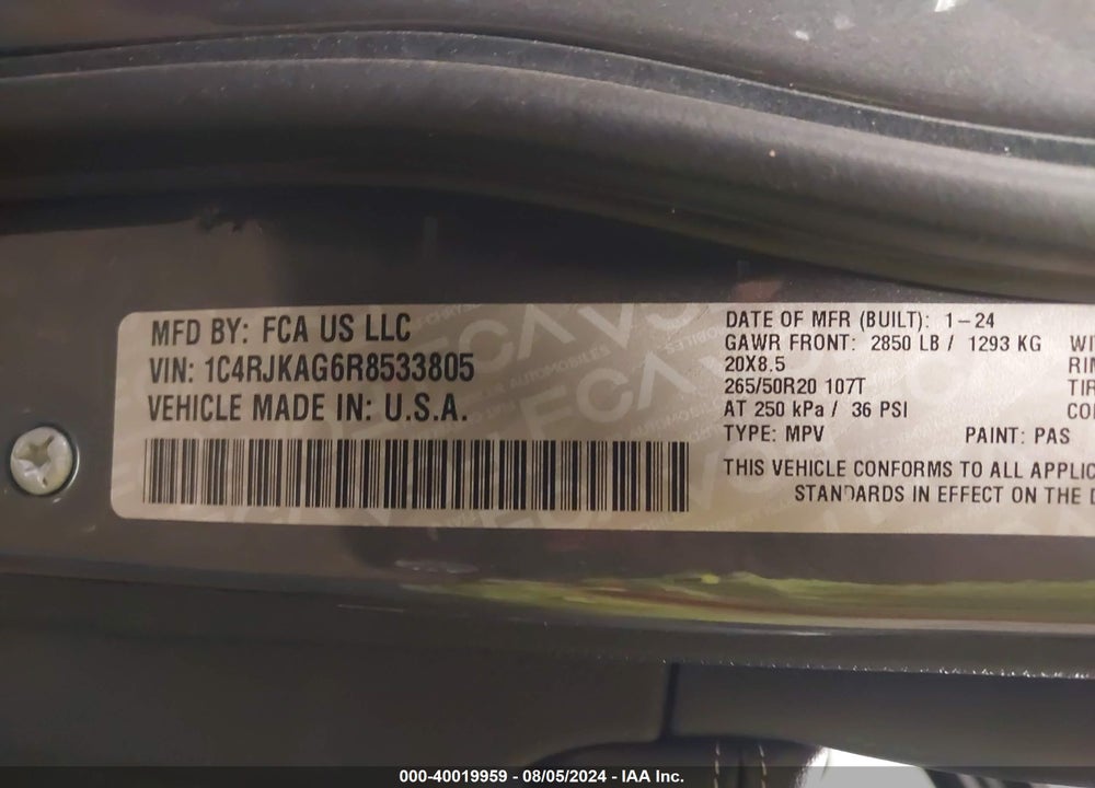 2024 JEEP GRAND CHEROKEE L ALTITUDE X 4X4 VIN: 1C4RJKAG6R8533805
