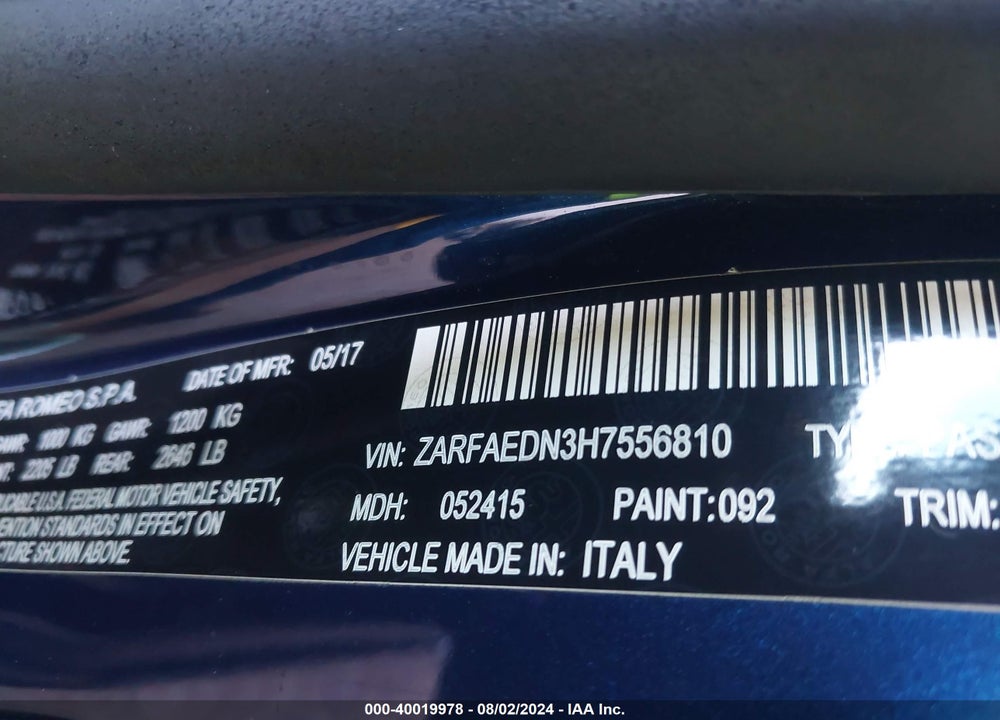 2017 ALFA ROMEO GIULIA AWD VIN: ZARFAEDN3H7556810