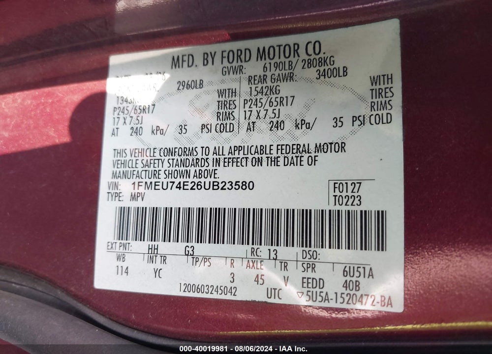 2006 FORD EXPLORER EDDIE BAUER VIN: 1FMEU74E26UB23580