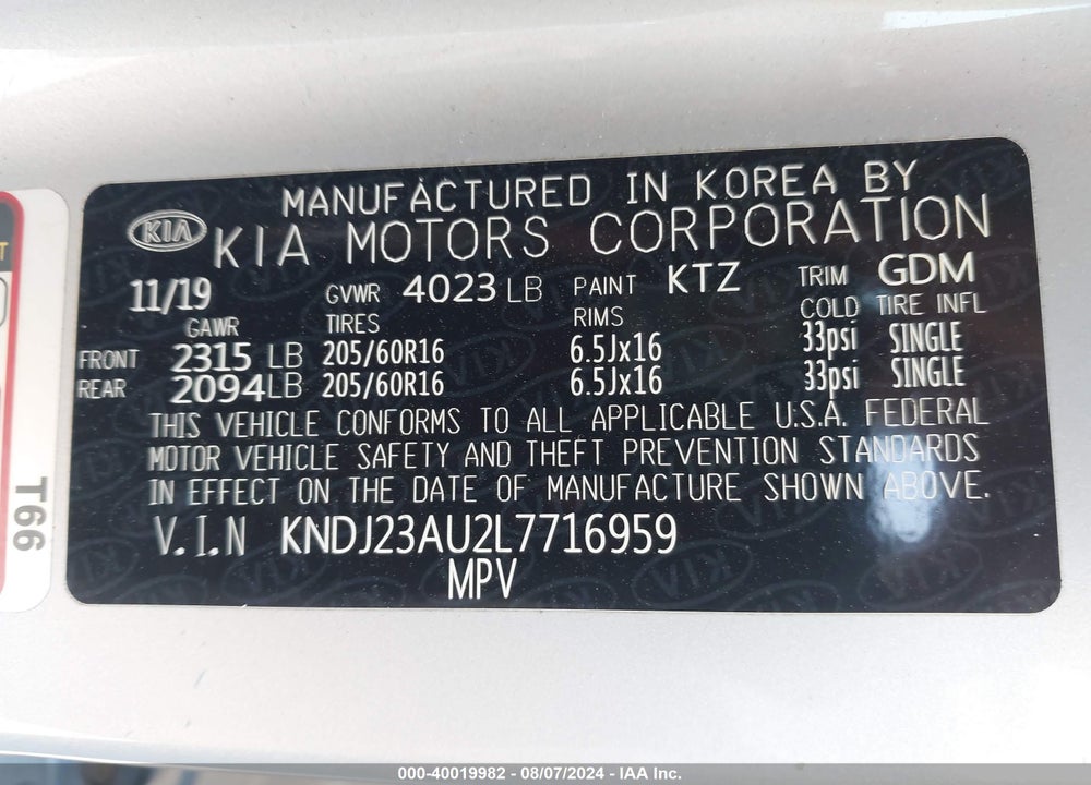 2020 KIA SOUL LX VIN: KNDJ23AU2L7716959