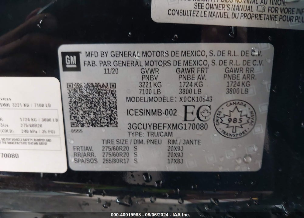 2021 CHEVROLET SILVERADO 1500 4WD  SHORT BED CUSTOM/4WD  STANDARD BED CUSTOM VIN: 3GCUYBEFXMG170080