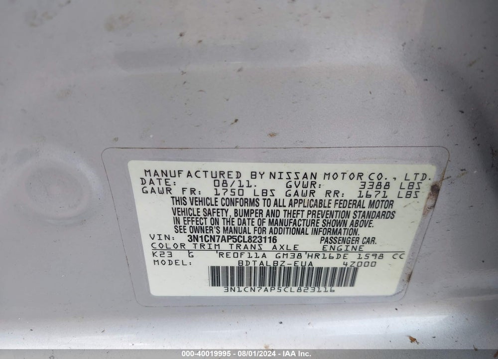 2012 NISSAN VERSA 1.6 SV VIN: 3N1CN7AP5CL823116