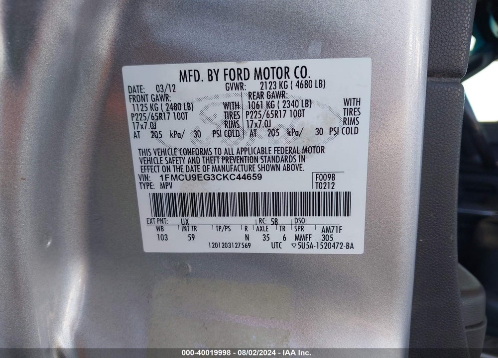 2012 FORD ESCAPE LIMITED VIN: 1FMCU9EG3CKC44659