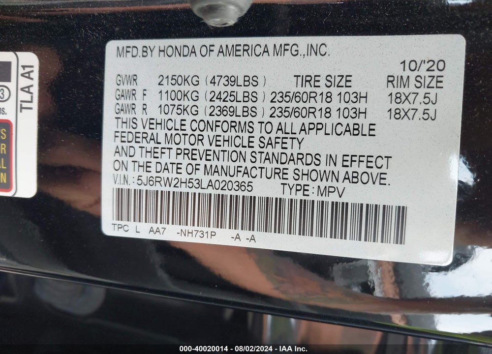 2020 HONDA CR-V AWD EX VIN: 5J6RW2H53LA020365