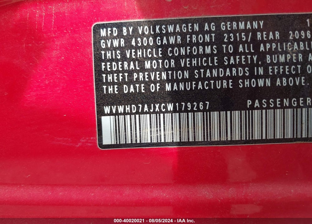 2012 VOLKSWAGEN GTI 4-DOOR VIN: WVWHD7AJXCW179267