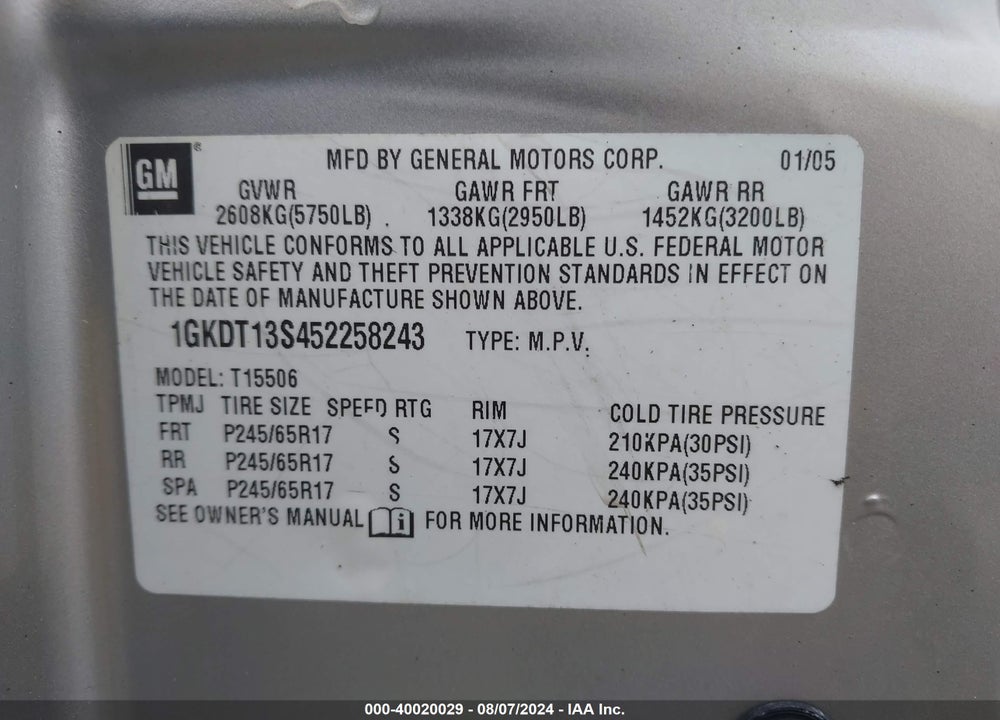 2005 GMC ENVOY SLE VIN: 1GKDT13S452258243