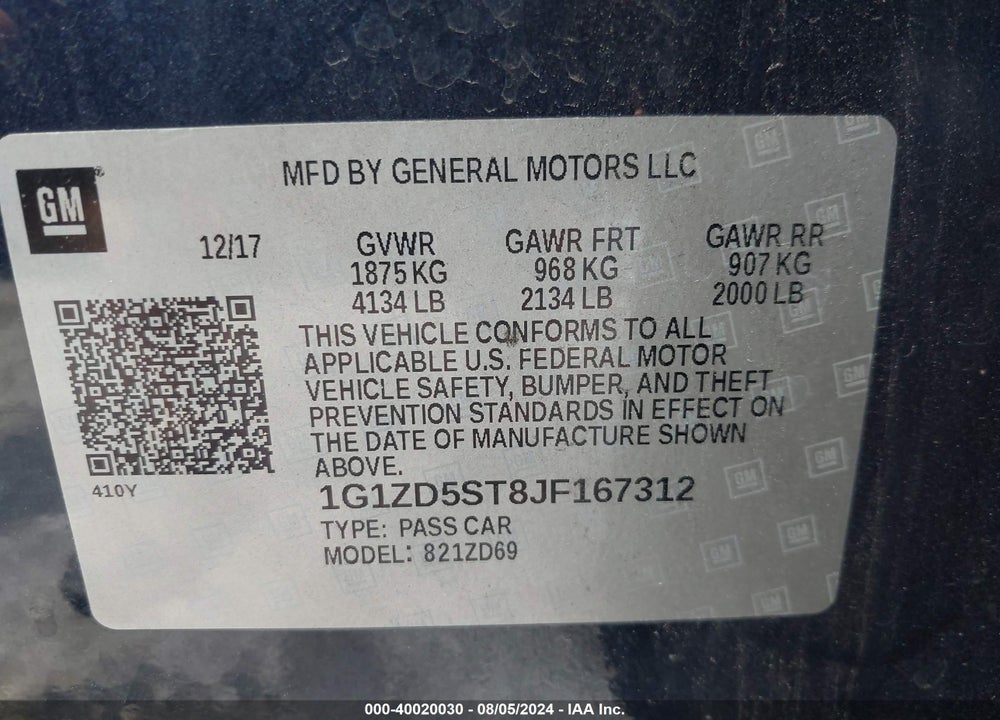 2018 CHEVROLET MALIBU LT VIN: 1G1ZD5ST8JF167312