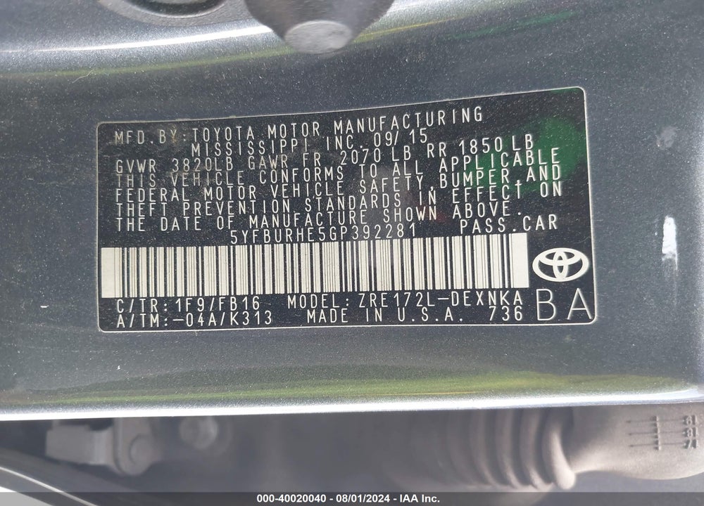 2016 TOYOTA COROLLA LE PLUS VIN: 5YFBURHE5GP392281