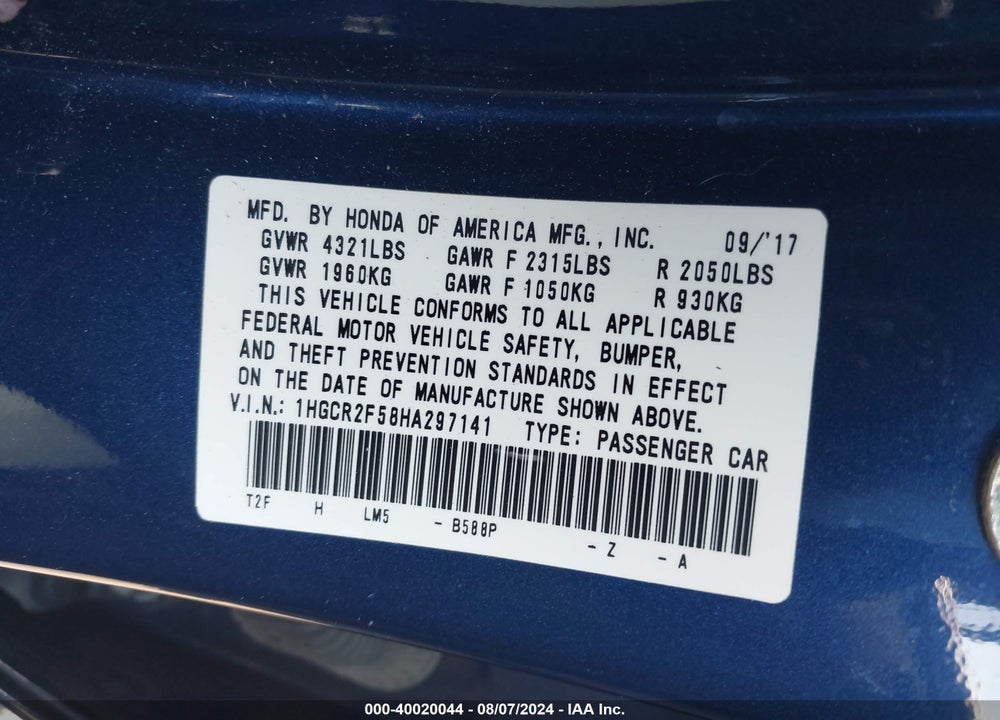 2017 HONDA ACCORD SPORT VIN: 1HGCR2F58HA297141