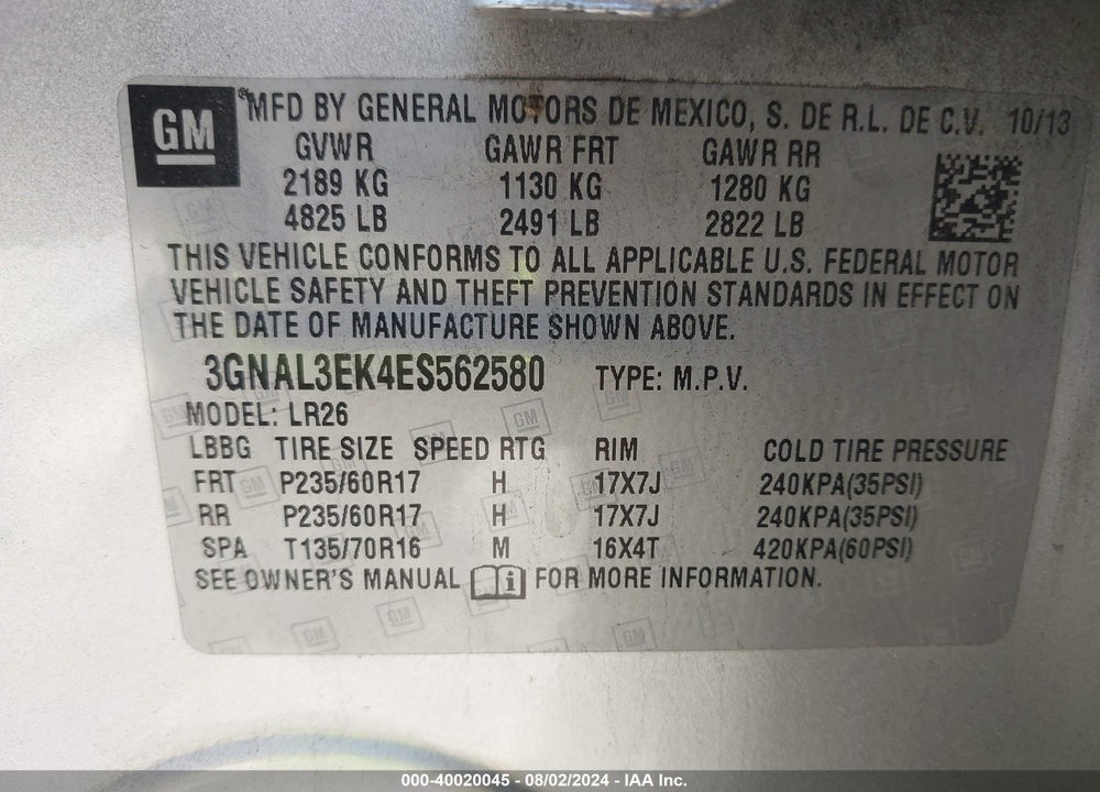 2014 CHEVROLET CAPTIVA SPORT LT VIN: 3GNAL3EK4ES562580