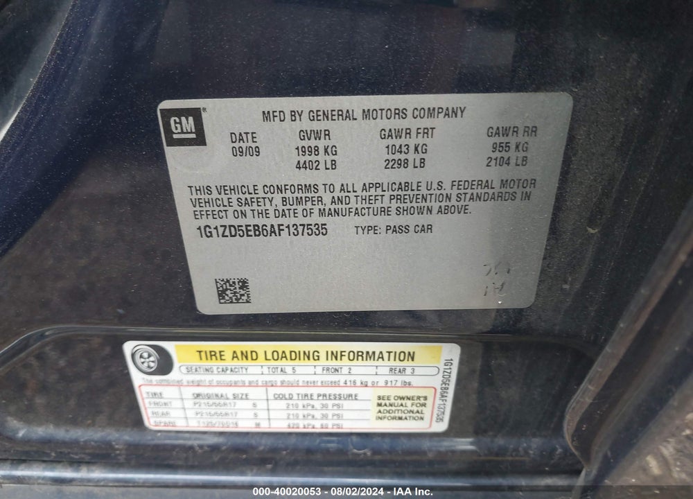 2010 CHEVROLET MALIBU LT VIN: 1G1ZD5EB6AF137535