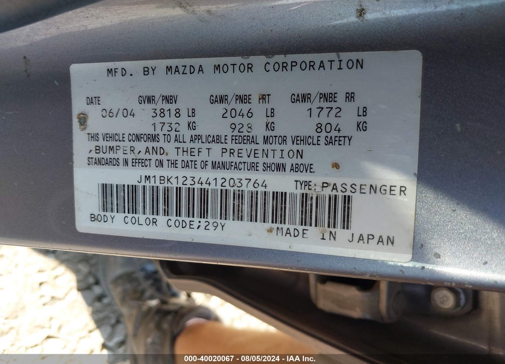 2004 MAZDA 3 S VIN: JM1BK123441203764