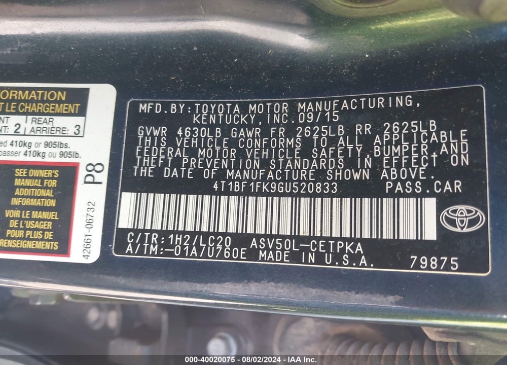 2016 TOYOTA CAMRY XSE VIN: 4T1BF1FK9GU520833