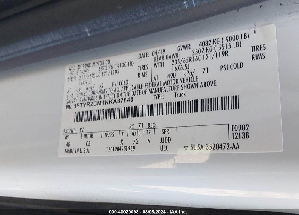 2019 FORD TRANSIT-250 VIN: 1FTYR2CM1KKA87840