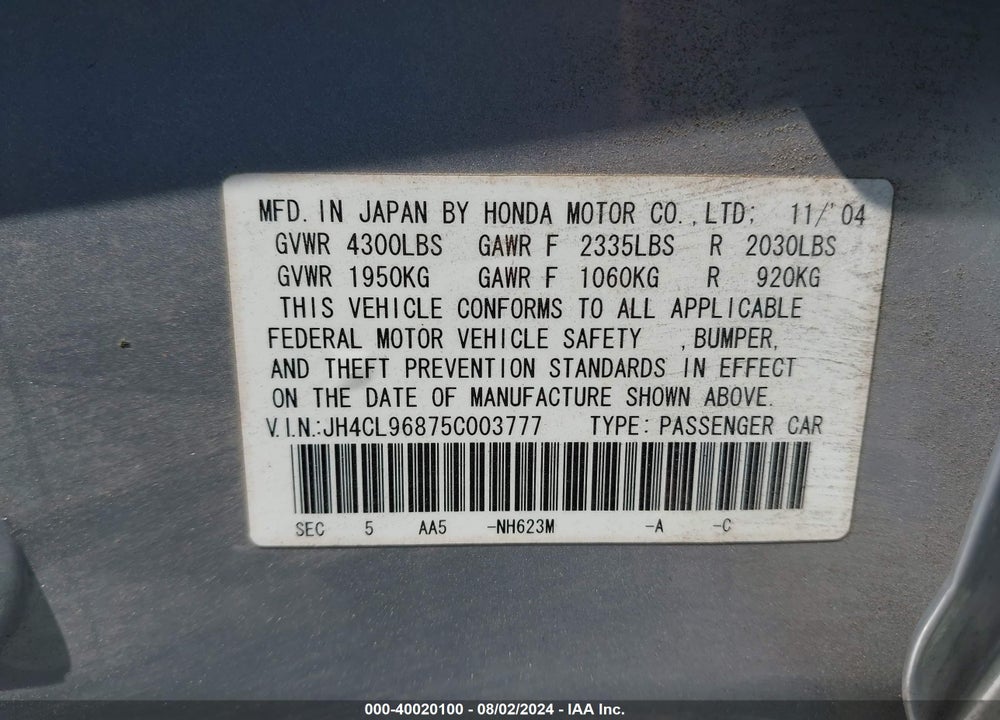 2005 ACURA TSX VIN: JH4CL96875C003777