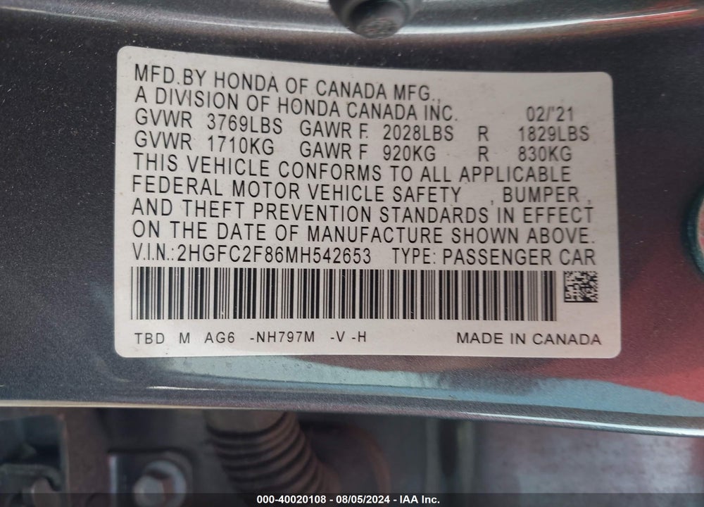 2021 HONDA CIVIC SPORT VIN: 2HGFC2F86MH542653