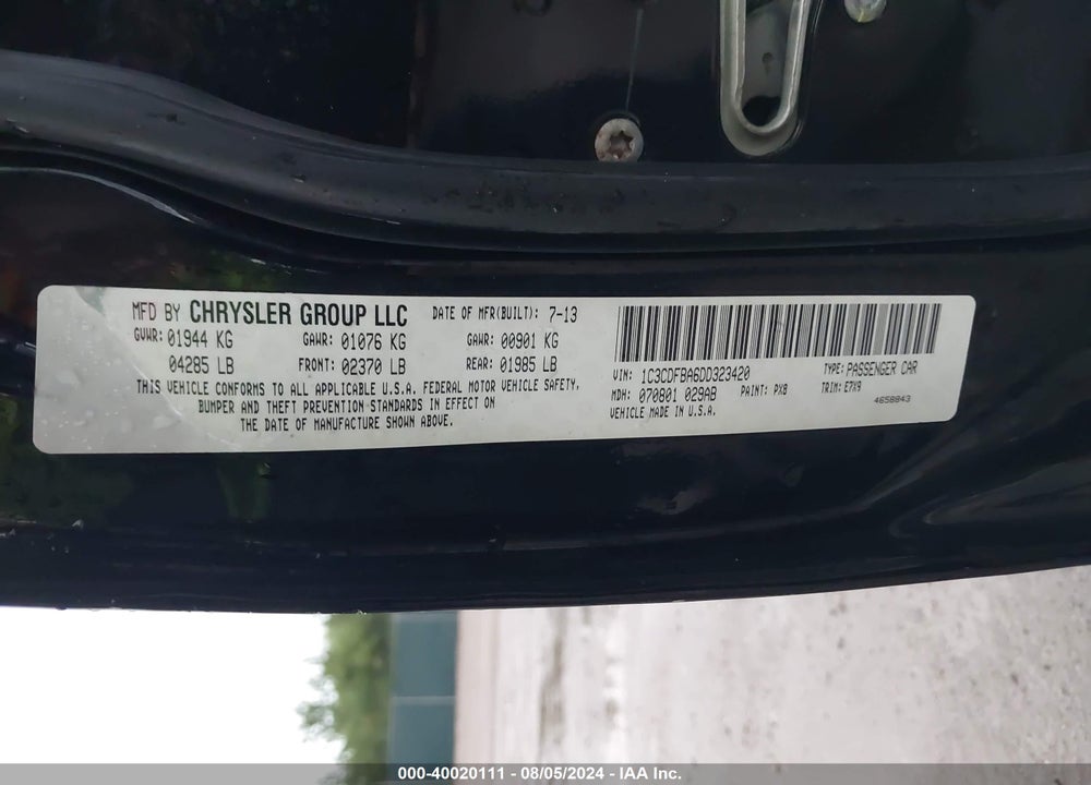 2013 DODGE DART SXT VIN: 1C3CDFBA6DD323420