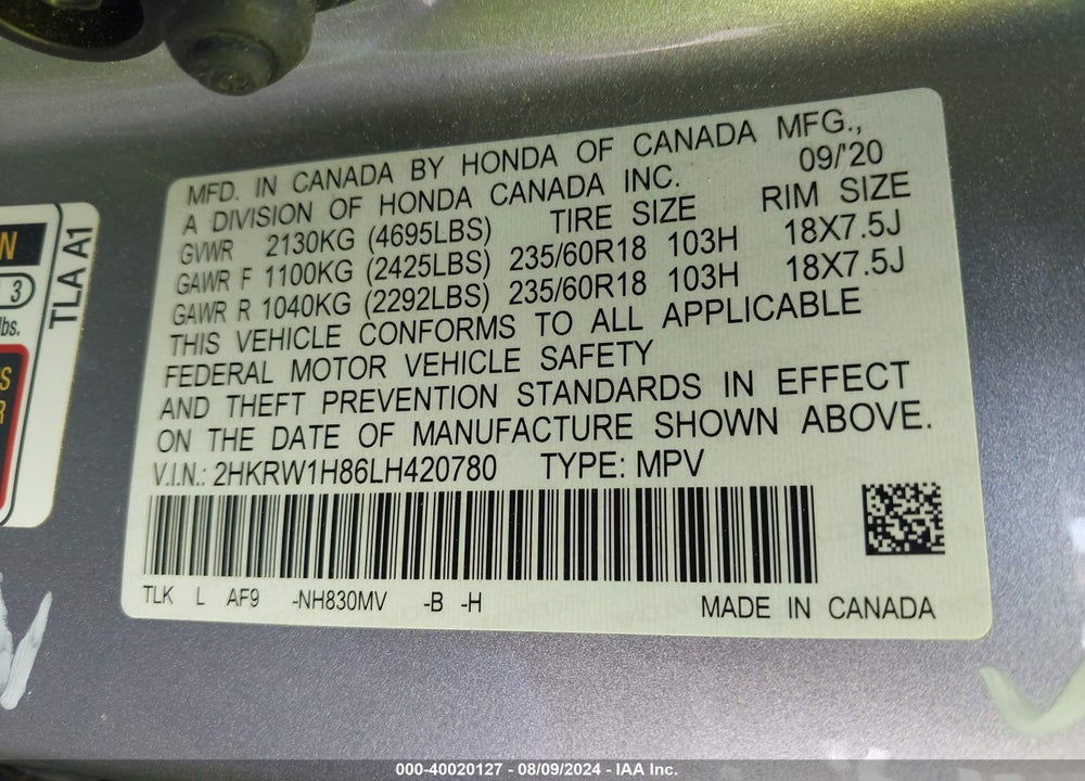 2020 HONDA CR-V 2WD EX-L VIN: 2HKRW1H86LH420780