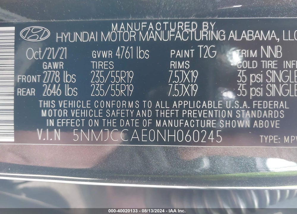 2022 HYUNDAI TUCSON SEL VIN: 5NMJCCAE0NH060245