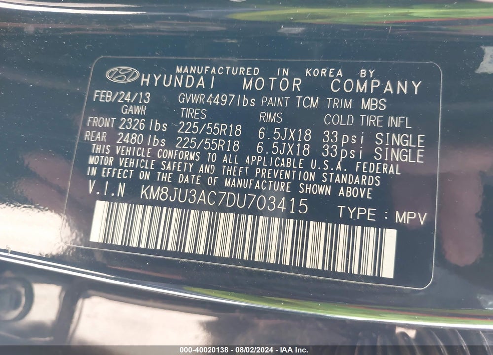 2013 HYUNDAI TUCSON LIMITED VIN: KM8JU3AC7DU703415