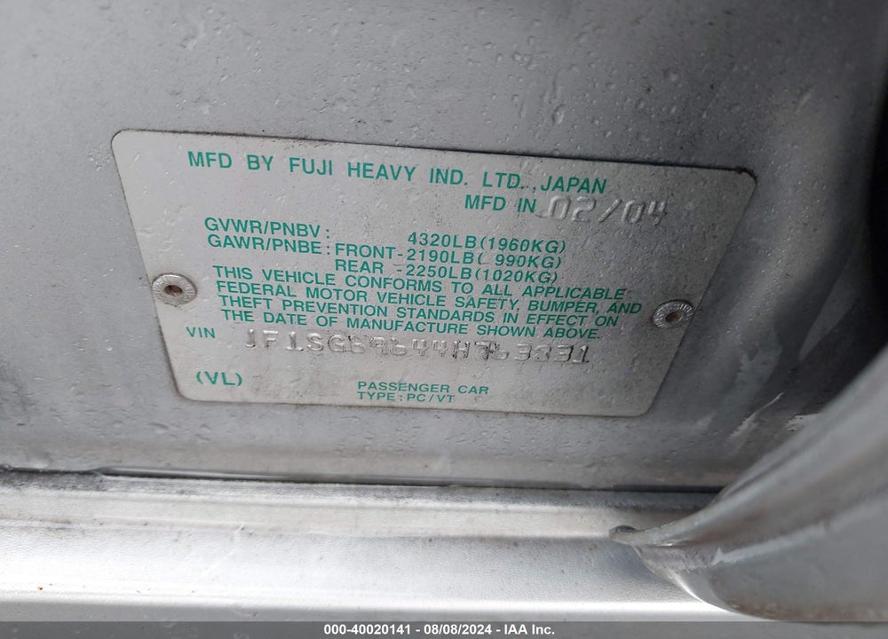 2004 SUBARU FORESTER VIN: JF1SG69644H763831