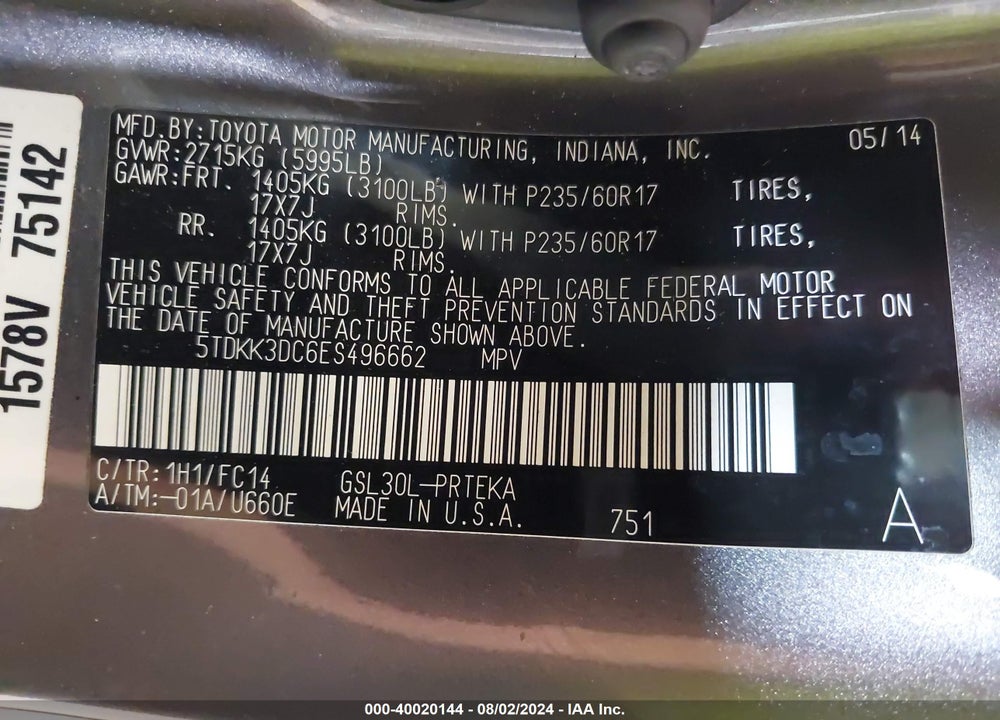 2014 TOYOTA SIENNA LE V6 8 PASSENGER VIN: 5TDKK3DC6ES496662