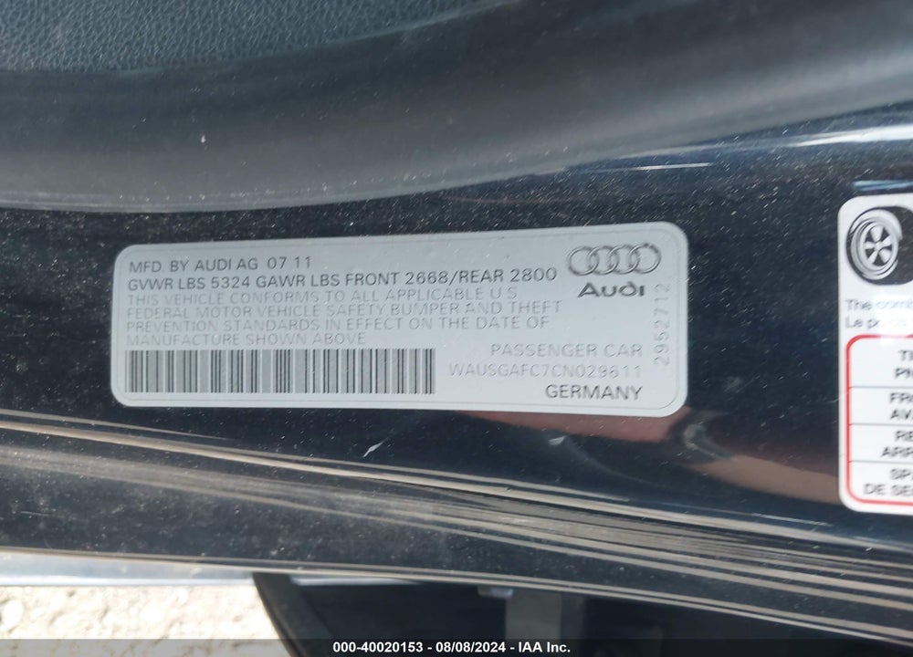 2012 AUDI A7 PREMIUM VIN: WAUSGAFC7CN029611
