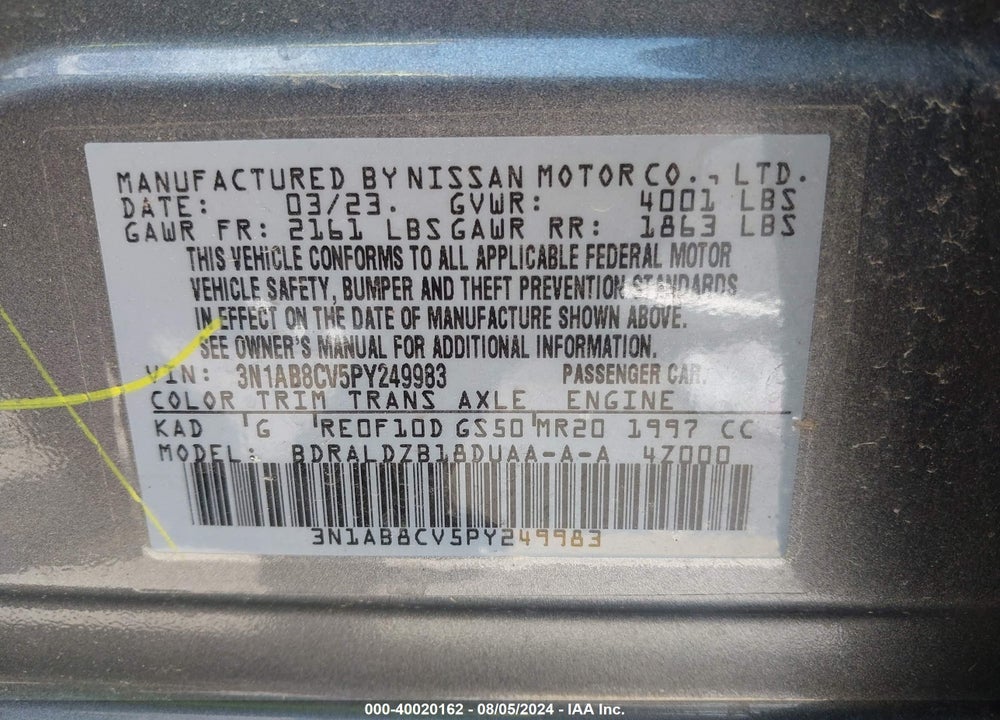 2023 NISSAN SENTRA SV XTRONIC CVT VIN: 3N1AB8CV5PY249983
