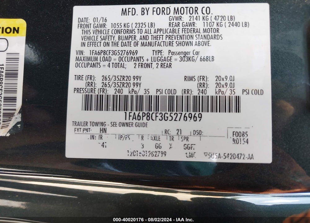 2016 FORD MUSTANG GT PREMIUM VIN: 1FA6P8CF3G5276969