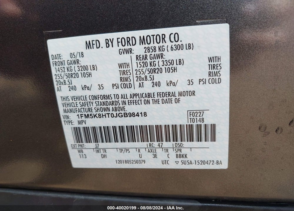 2018 FORD EXPLORER PLATINUM VIN: 1FM5K8HT0JGB98418