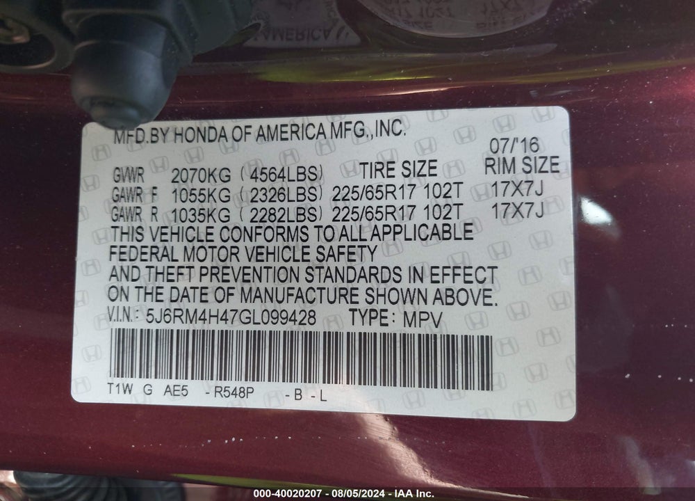2016 HONDA CR-V SE VIN: 5J6RM4H47GL099428