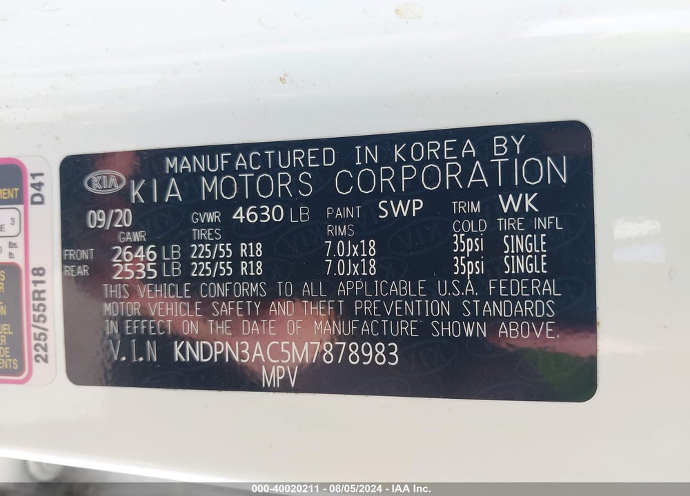 2021 KIA SPORTAGE EX VIN: KNDPN3AC5M7878983