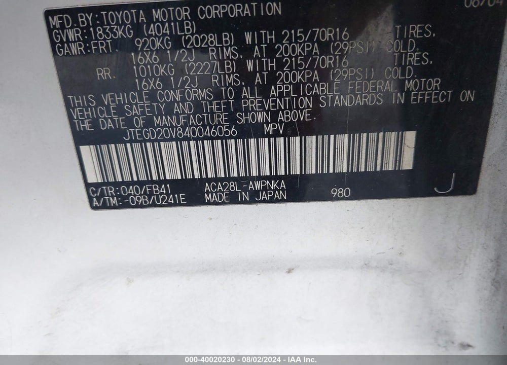 2004 TOYOTA RAV4 VIN: JTEGD20V840046056