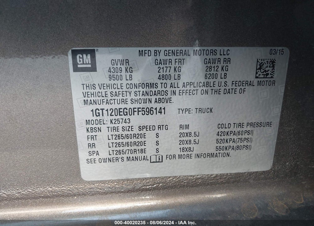 2015 GMC SIERRA 2500HD VIN: 1GT120EG0FF596141